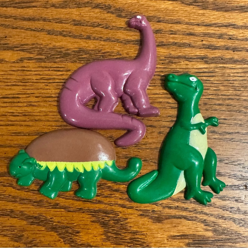 Vintage Colorful Dinosaur Plastic Fridge Magnets Set of 3 T-Rex Brachiosaurus